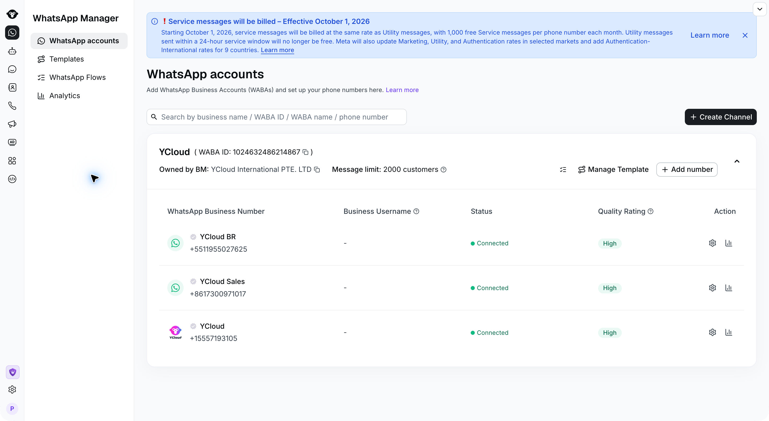 WABA ID displayed beside the account name