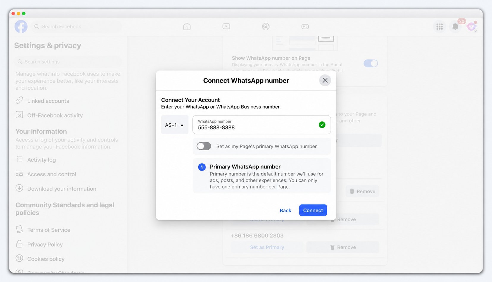 Facebook Page dialog for entering a WhatsApp number and selecting Connect