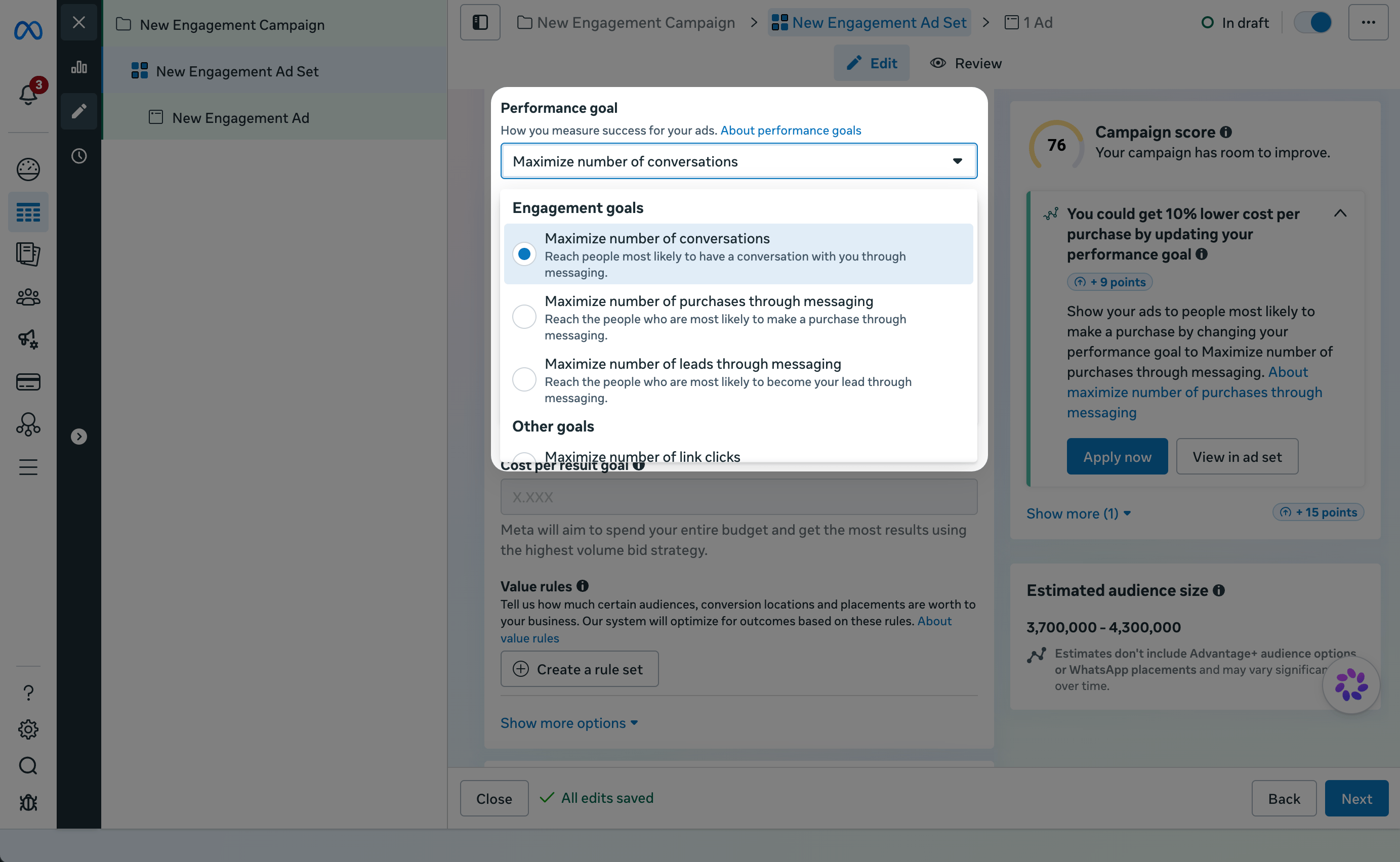 Meta Ads Manager Performance goal menu showing conversation, lead, purchase, and link click options for a Click-to-WhatsApp ad