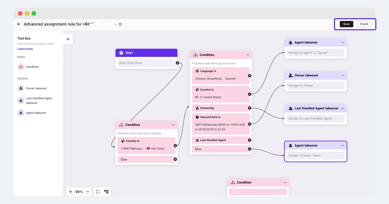 Advanced assignment canvas with the Check and Save buttons highlighted