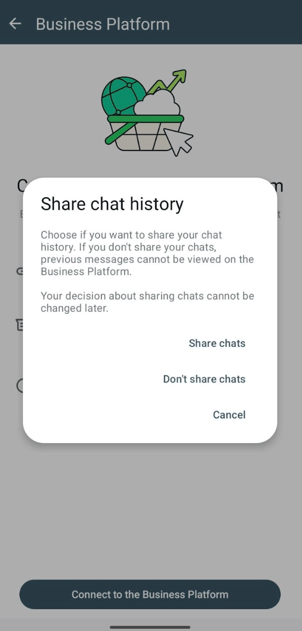 Meta Business app dialog offering Share chats, Do not share chats, and Cancel.