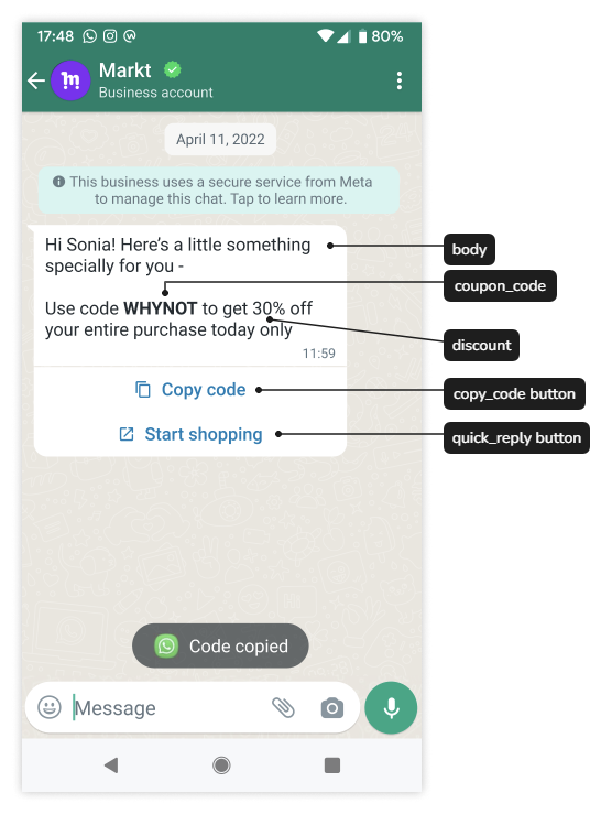 Meta coupon message labeling the promotional code, discount, copy-code button, and quick-reply button.
