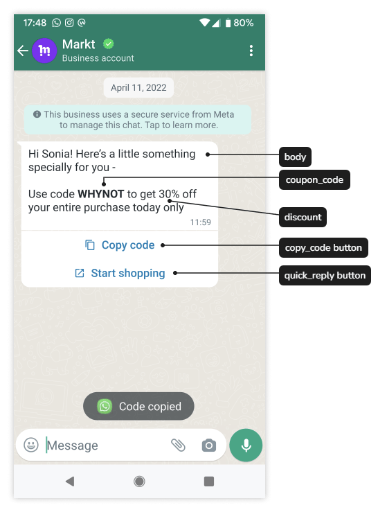 Meta coupon message labeling the promotional code, discount, copy-code button, and quick-reply button.