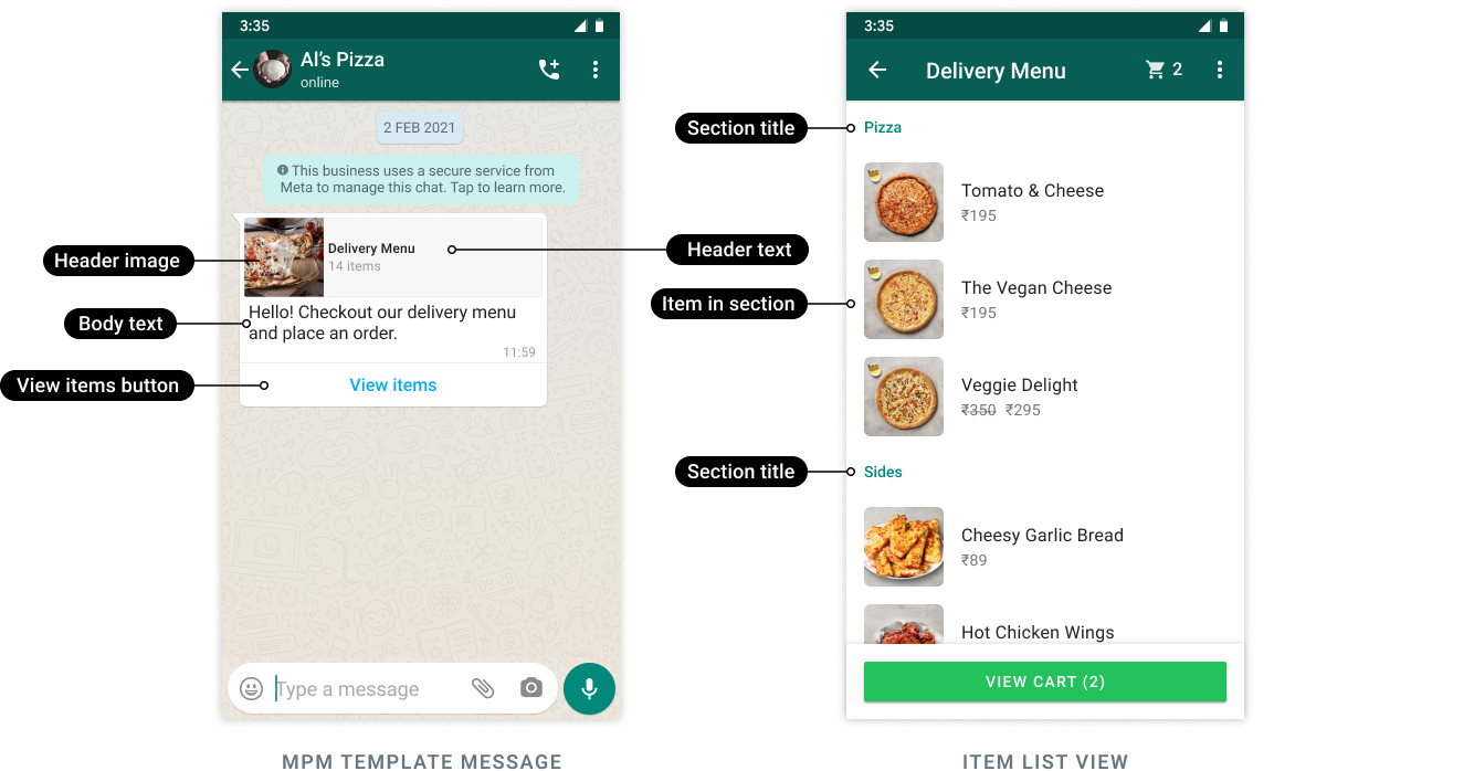 Meta multi-product template and the resulting item list, with section and button labels.