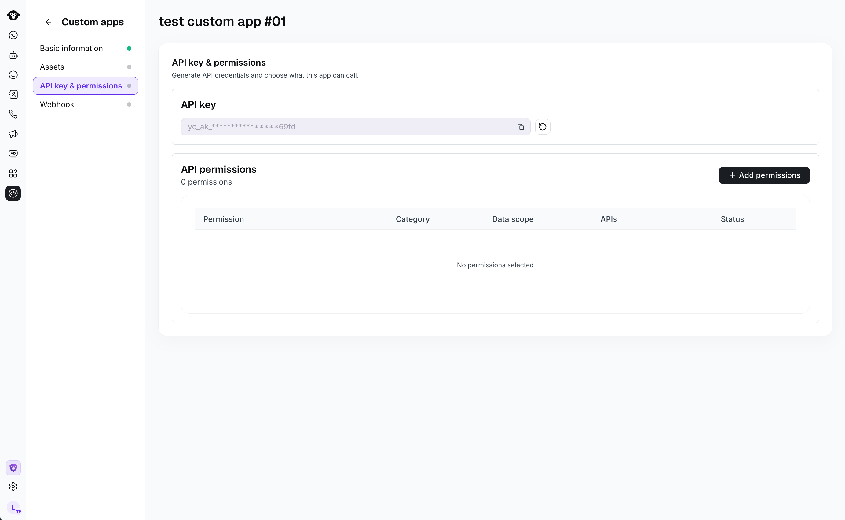 API key and permissions section for a custom app.