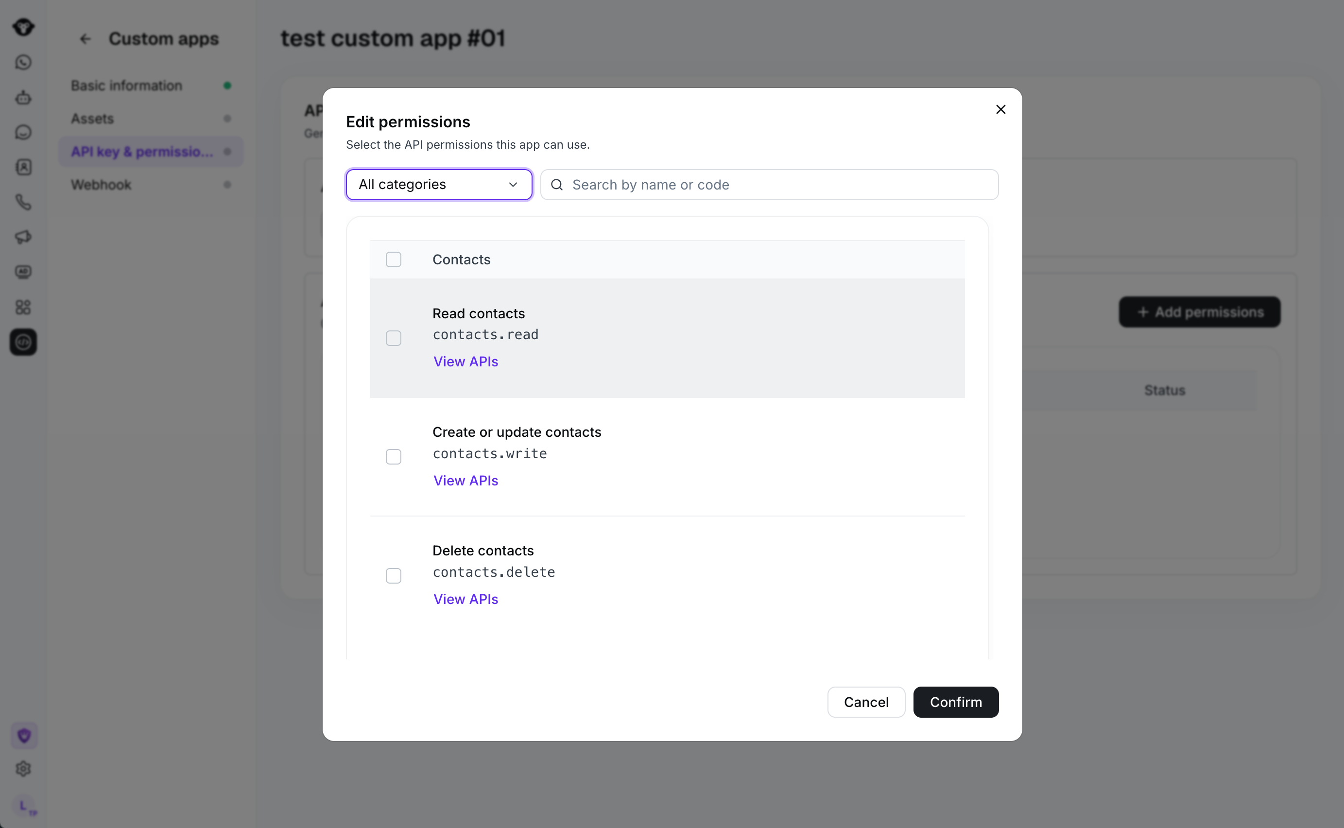 Edit permissions dialog showing contact permission scopes.