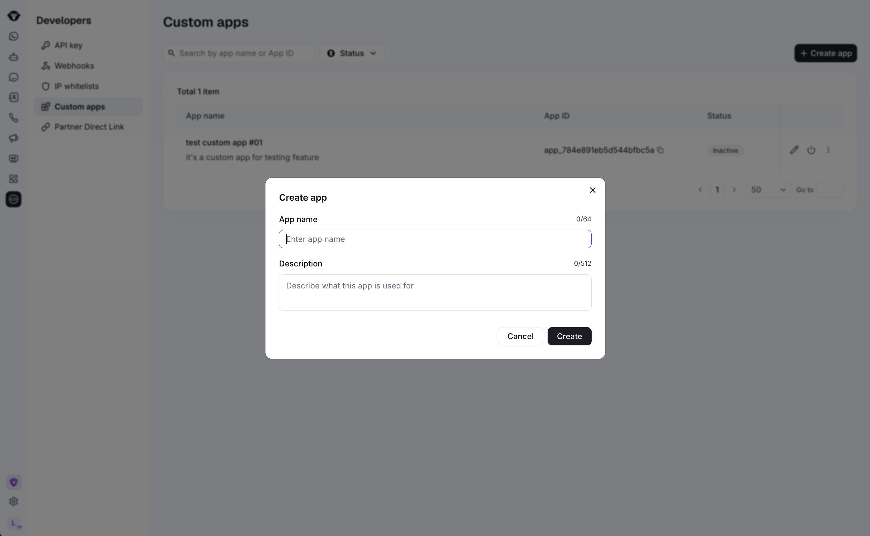 Create app dialog with App name and Description fields.