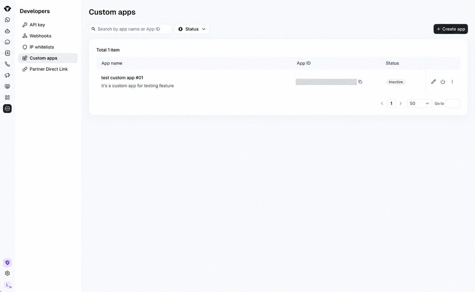 Custom apps page in the YCloud dashboard with the Create app button.
