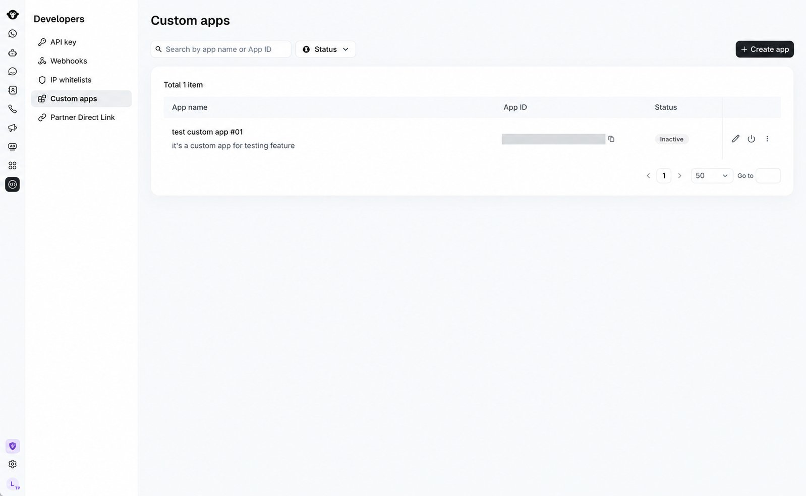 Custom apps page in the YCloud dashboard with the Create app button.