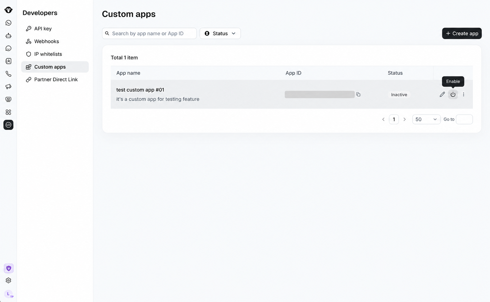 Custom apps list with the Enable action for an inactive app.