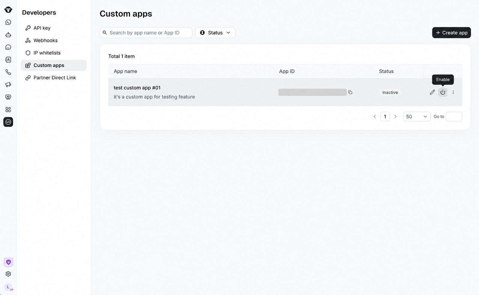 Custom apps list with the Enable action for an inactive app.