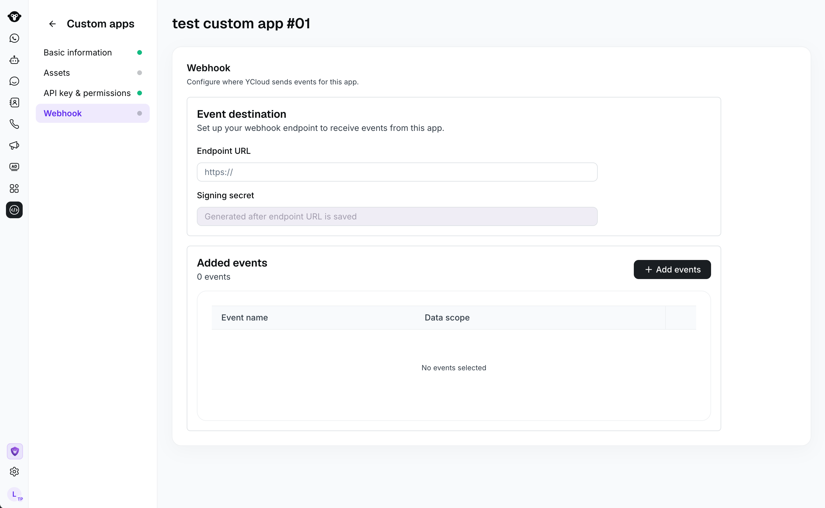 Webhook section with Endpoint URL, Signing secret, and Added events settings.