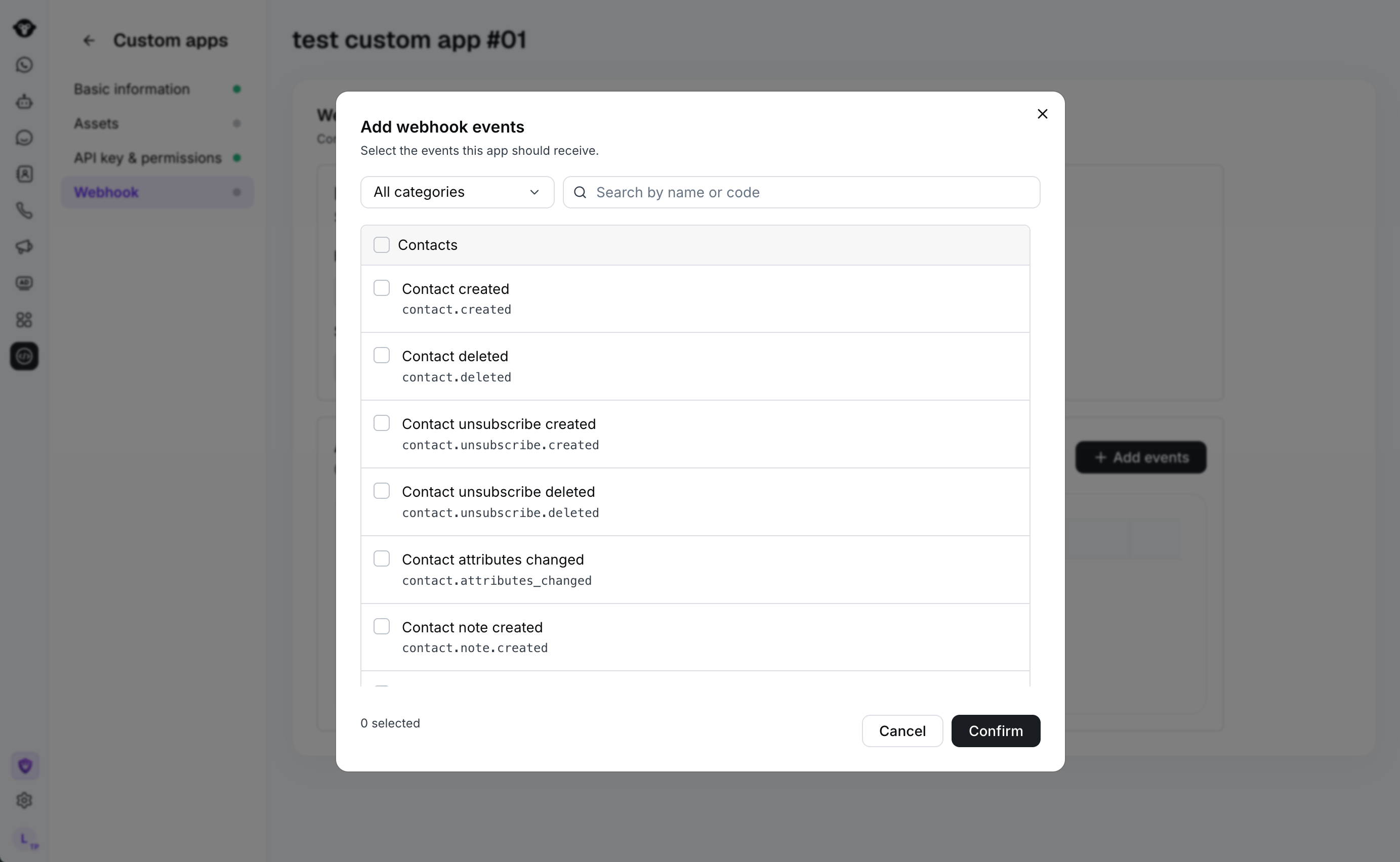 Add webhook events dialog showing available contact events.