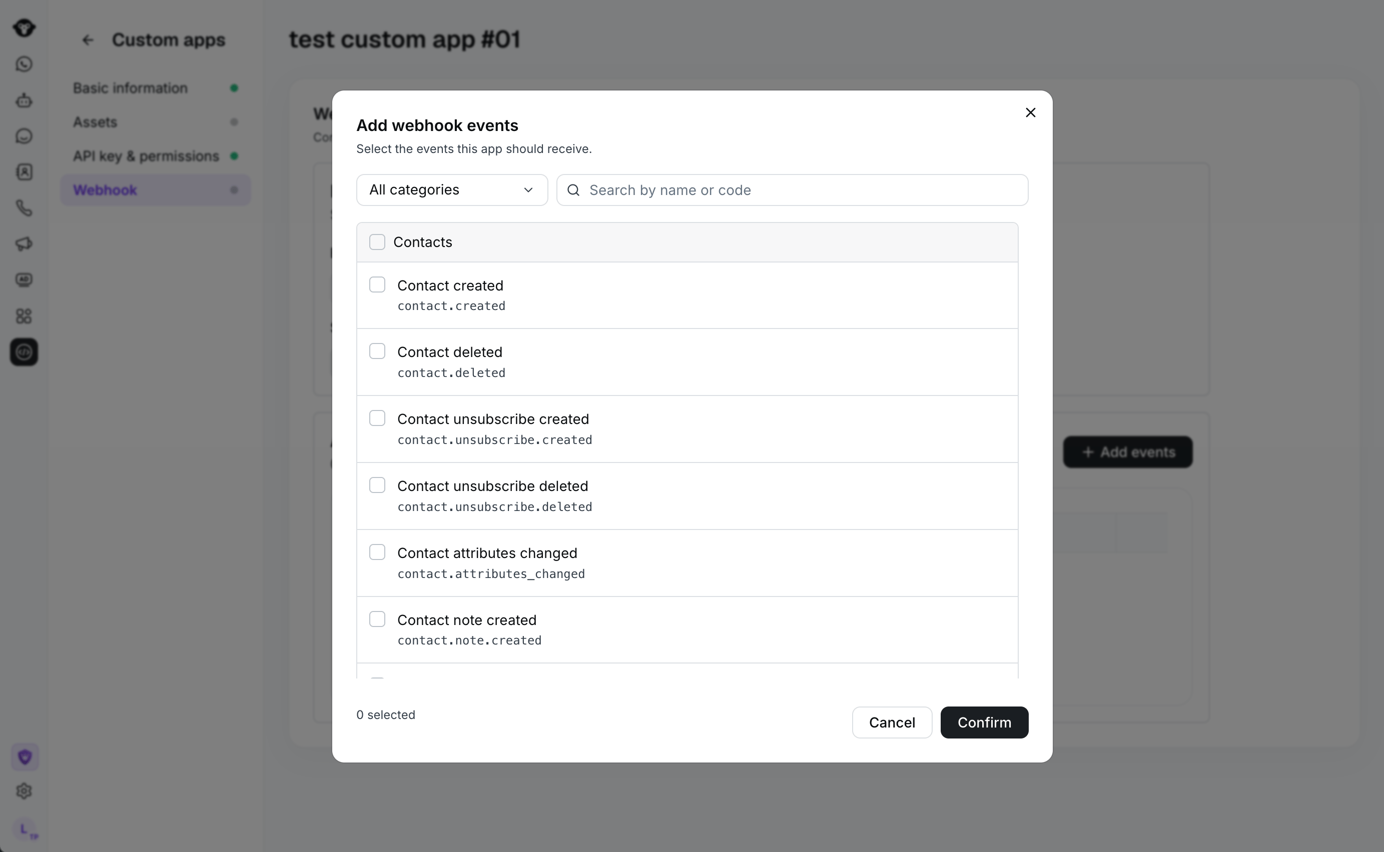 Add webhook events dialog showing available contact events.