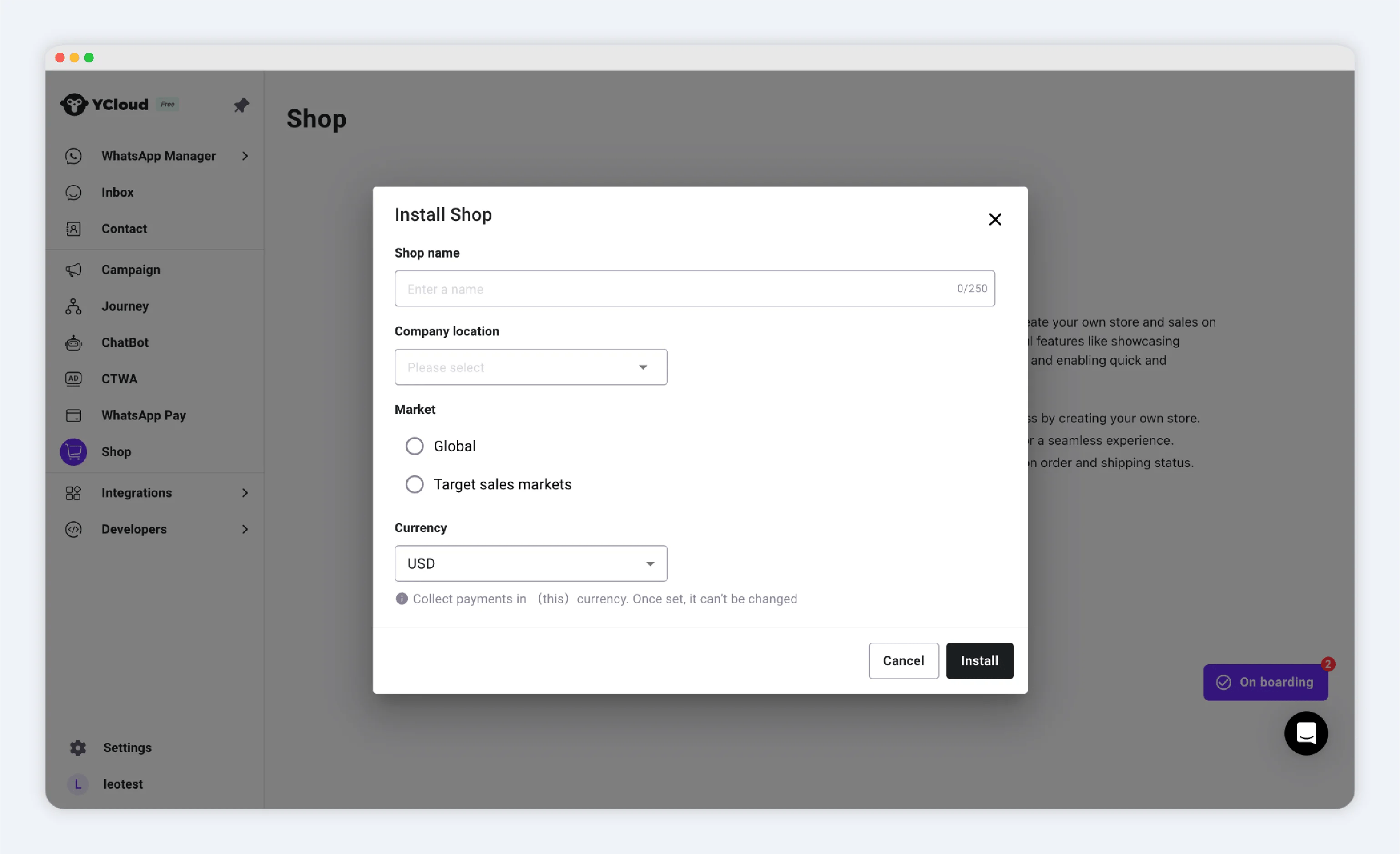 Shop installation form