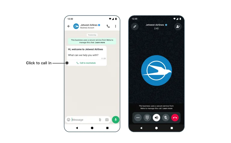 Convite de chamada do WhatsApp e chamada de voz ativa no telefone de um cliente