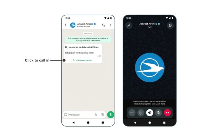 WhatsApp call invitation and active voice call on a customer's phone