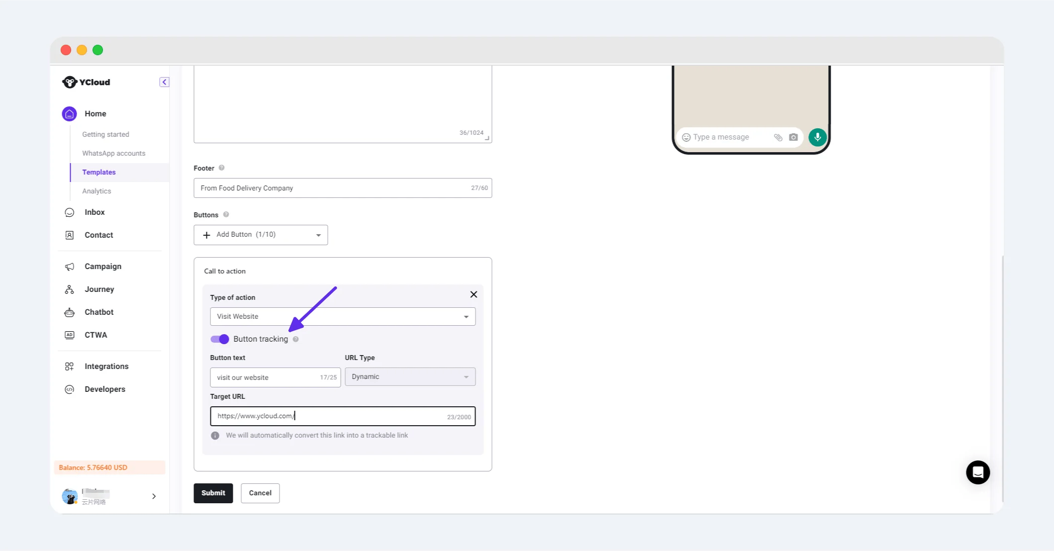 Template URL button with click tracking enabled
