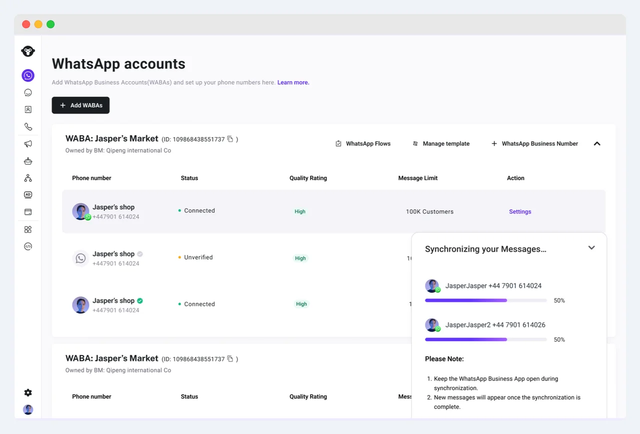 Monitor WhatsApp Business App chat history synchronization in YCloud
