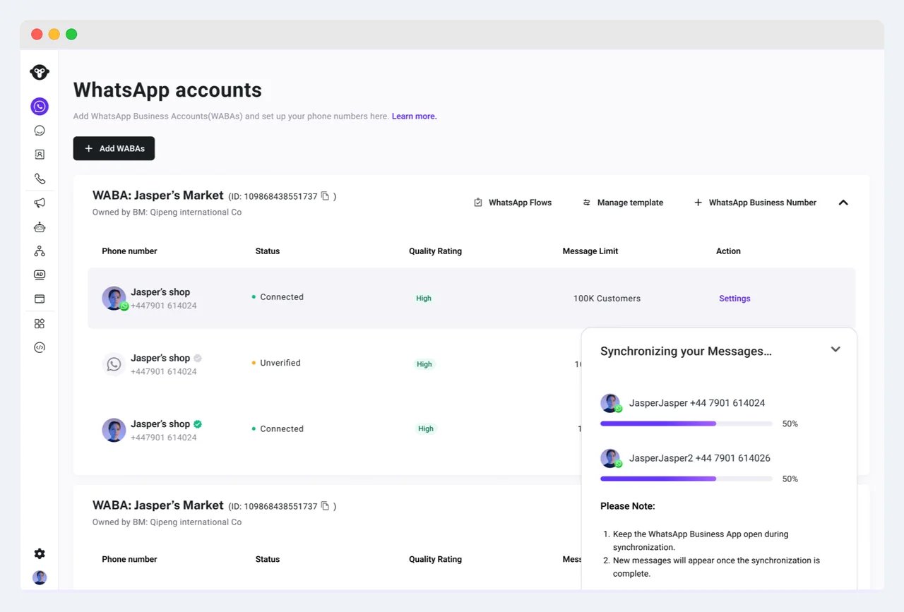 Monitor WhatsApp Business App chat history synchronization in YCloud