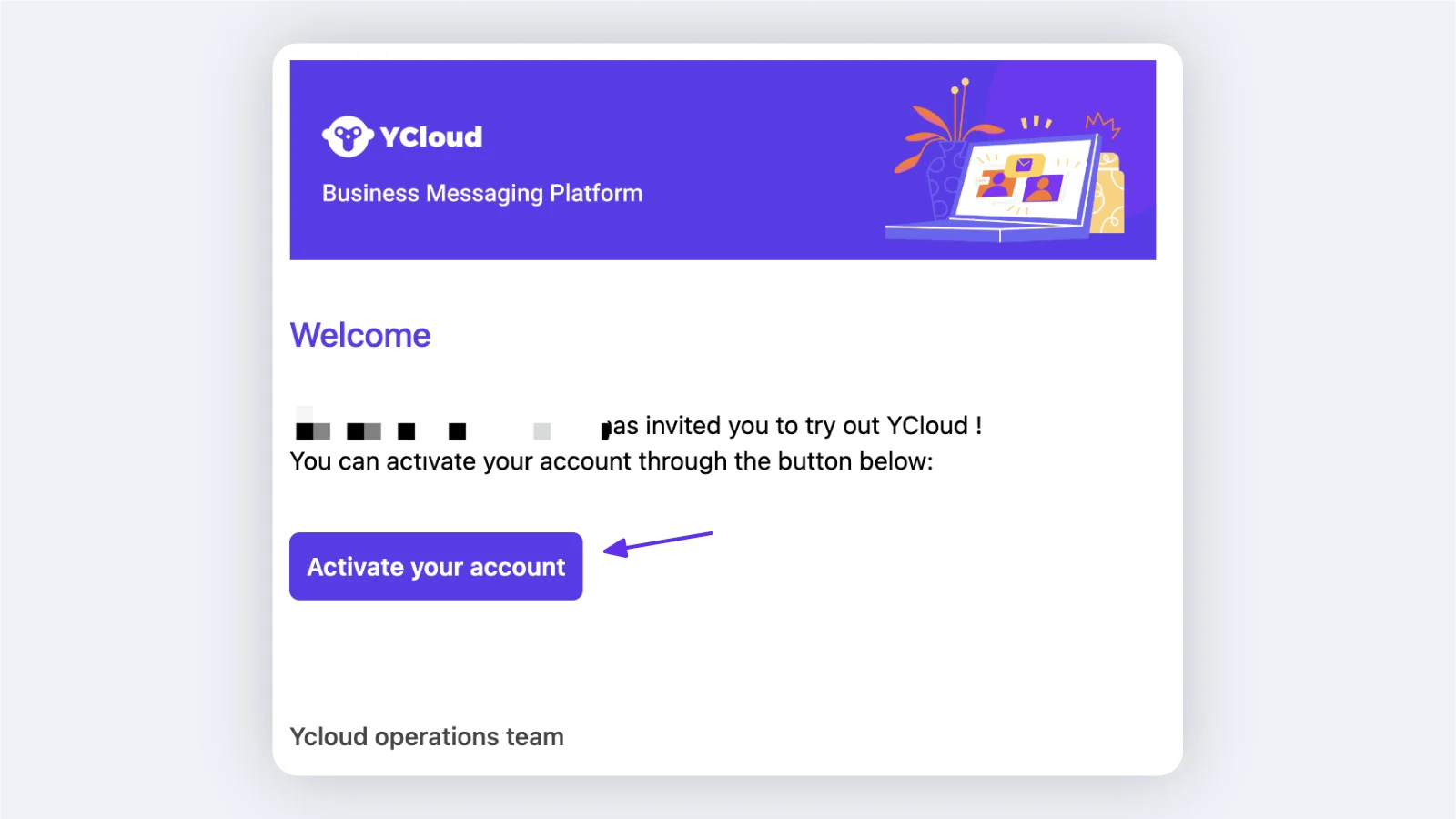 YCloud invitation email with the Activate your account button highlighted