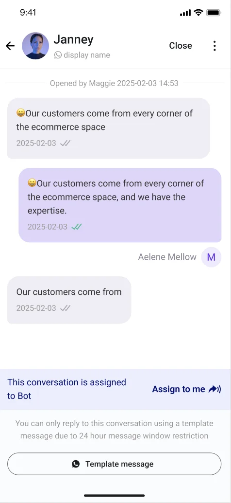 Detalles de conversación móvil de YCloud Inbox