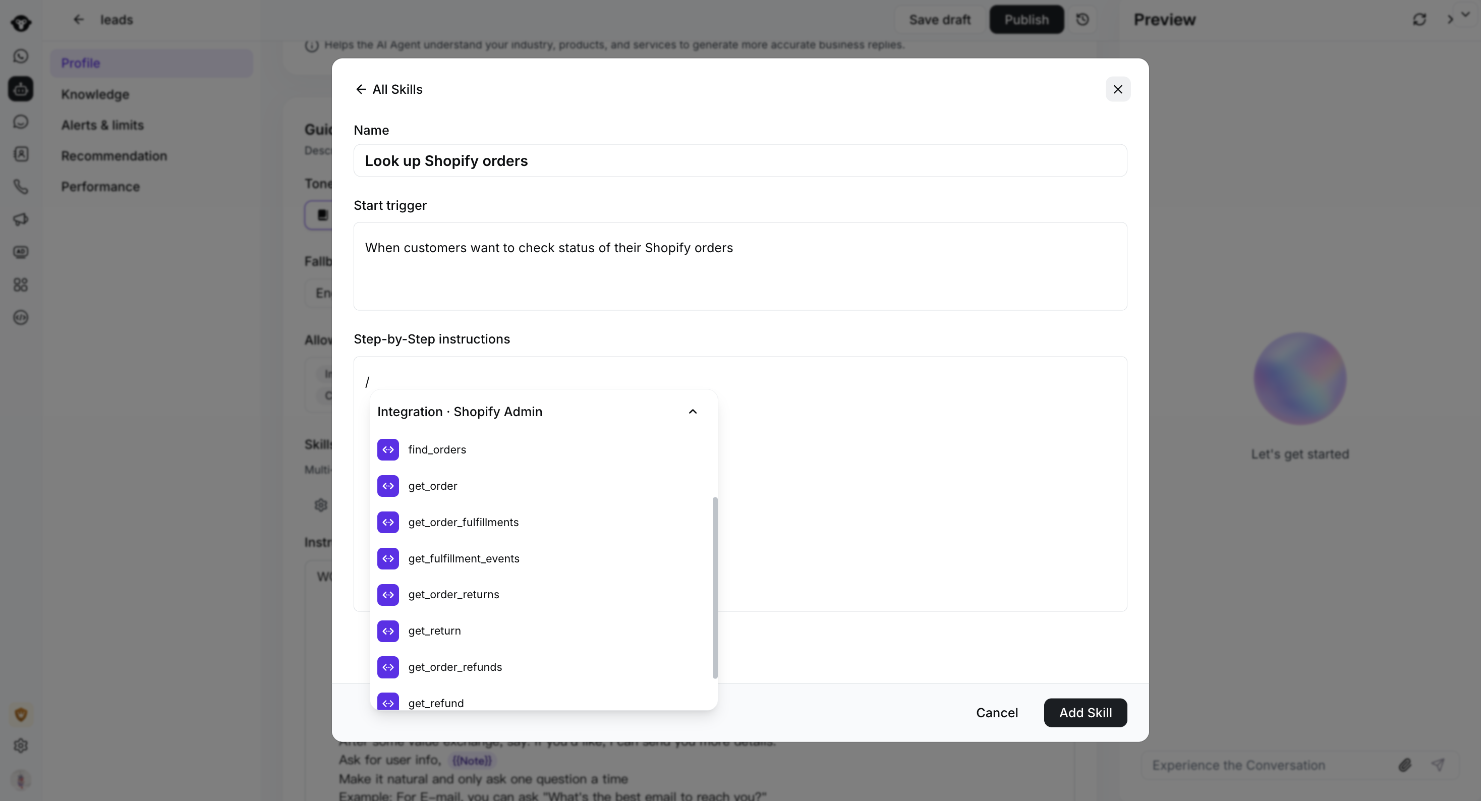 Editor de Skill do AI Agent mostrando o menu de comandos com as ferramentas do Shopify Admin.