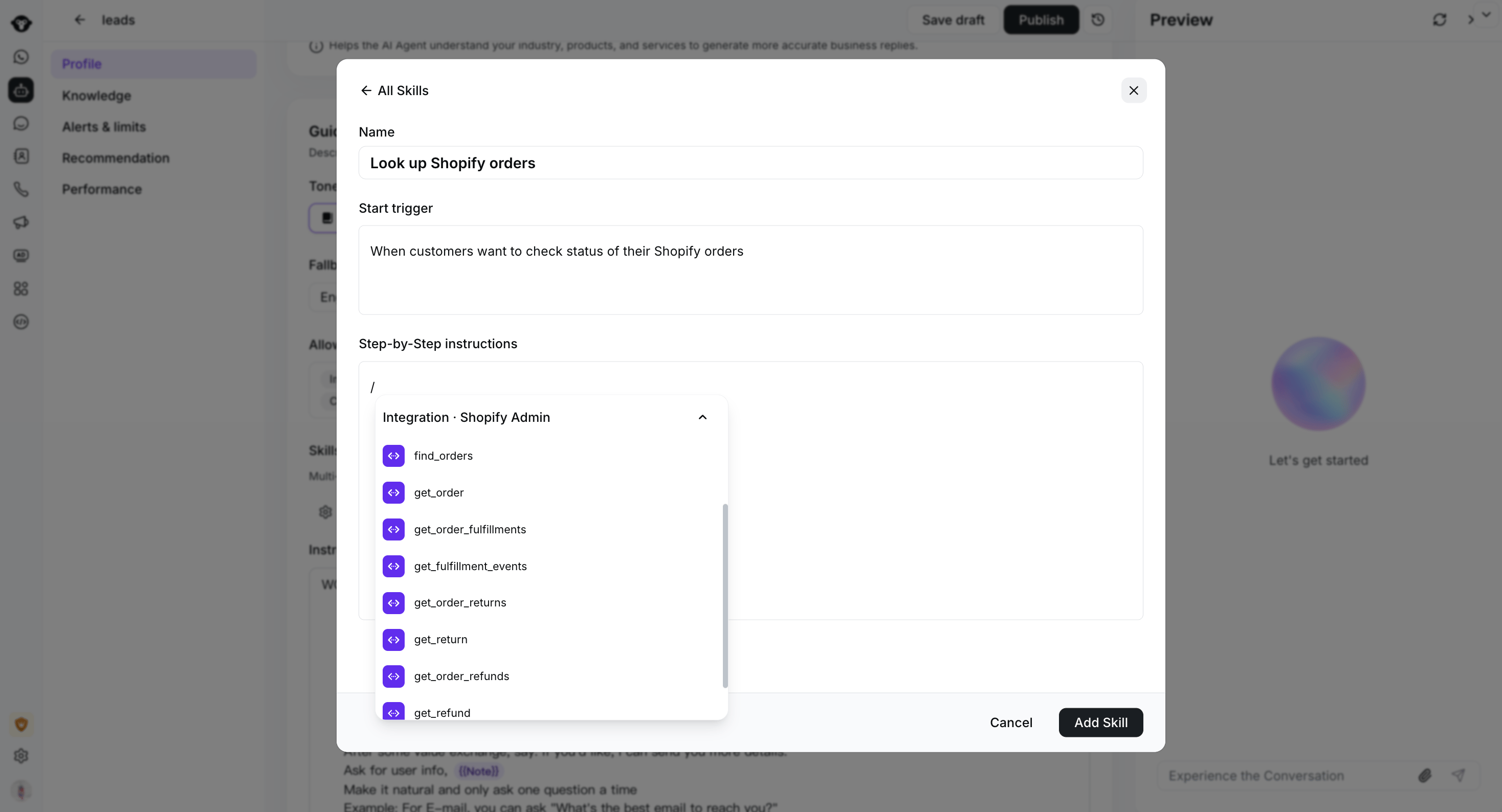 Editor de Skill do AI Agent mostrando o menu de comandos com as ferramentas do Shopify Admin.