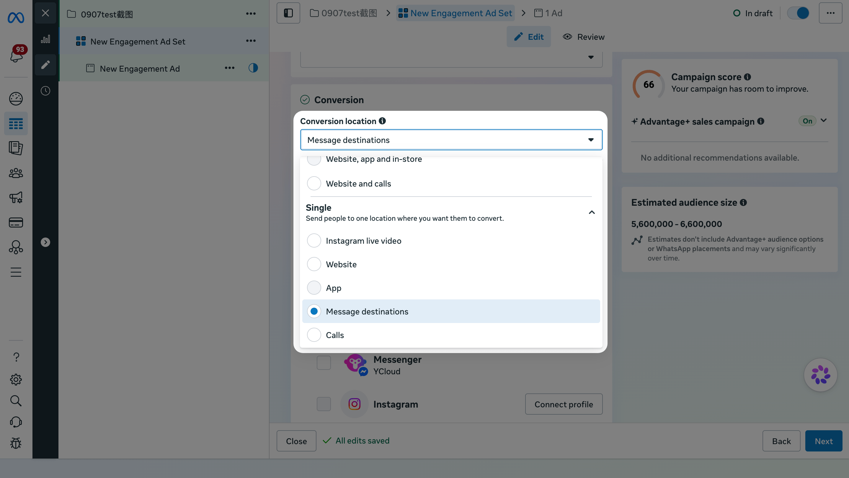 Meta Ads Manager ad set with Messaging destinations selected as the conversion location