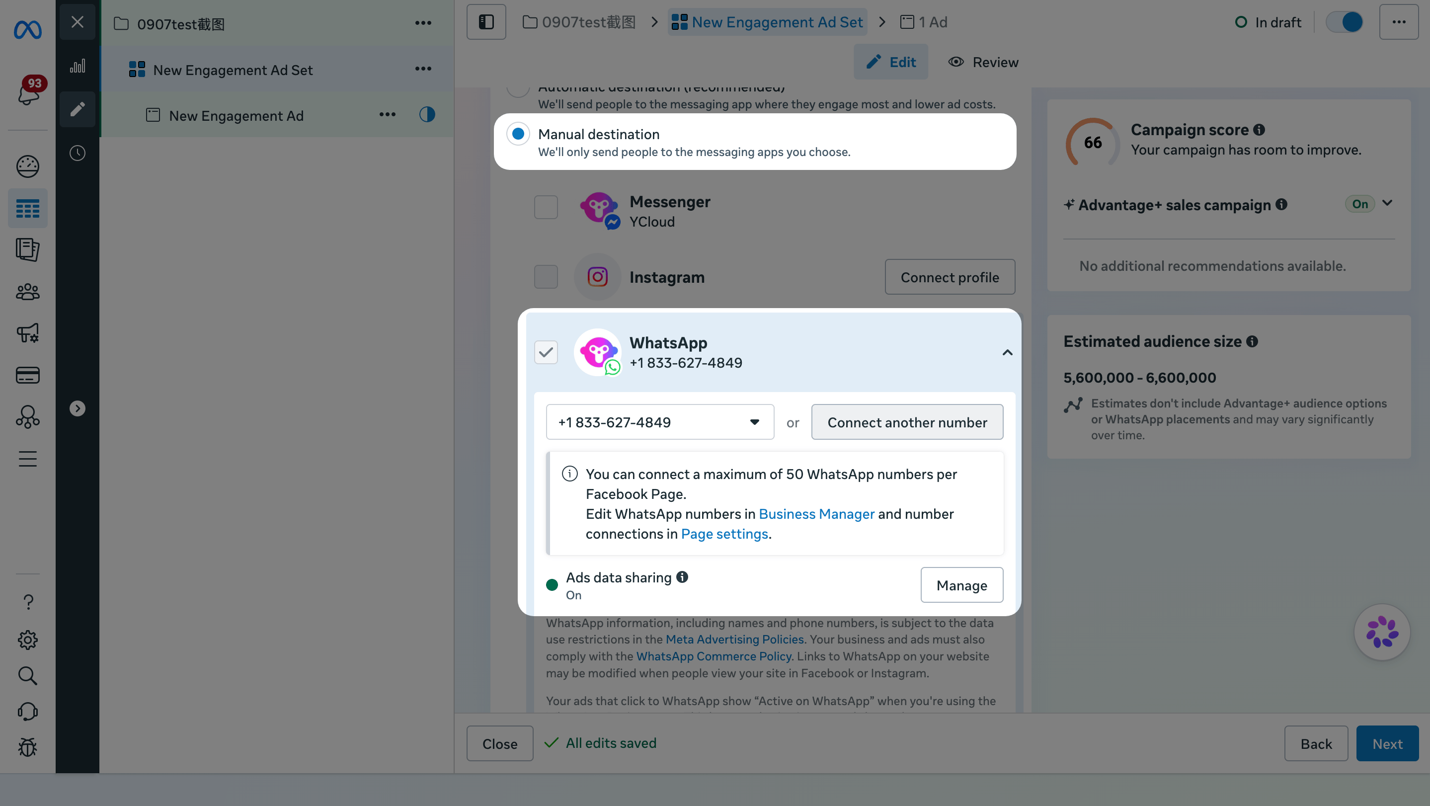 Meta Ads Manager ad set with WhatsApp selected and a WhatsApp Business number available