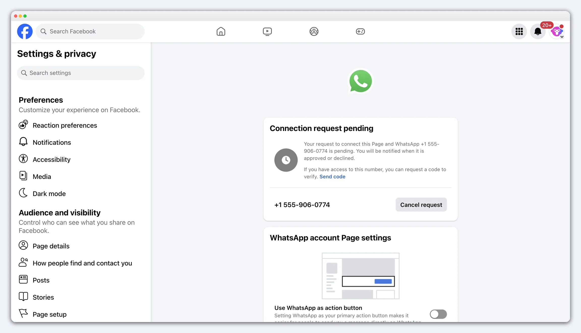Facebook Page WhatsApp linking flow for a WhatsApp Business API number