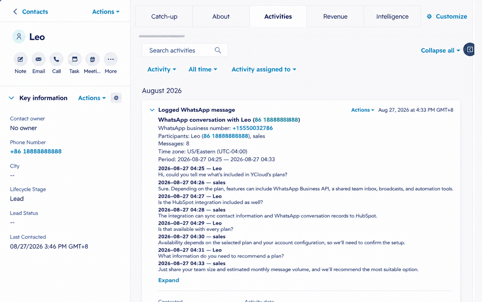 HubSpot 联系人时间线上显示的 WhatsApp 对话活动。
