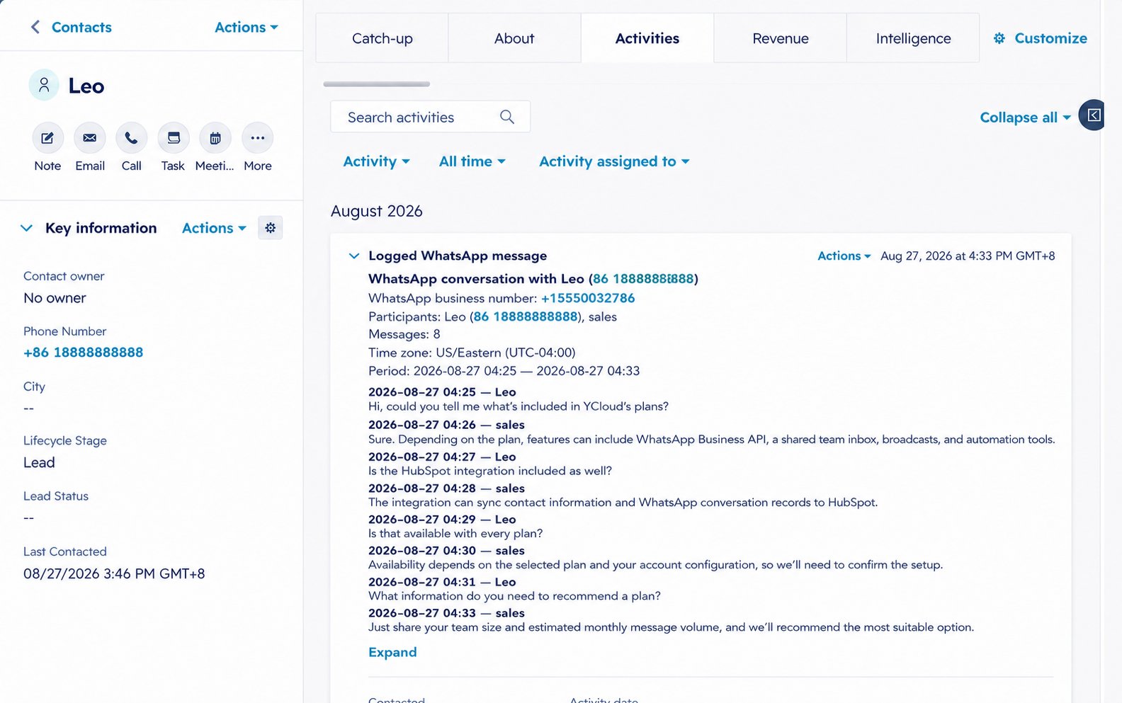 HubSpot 联系人时间线上显示的 WhatsApp 对话活动。