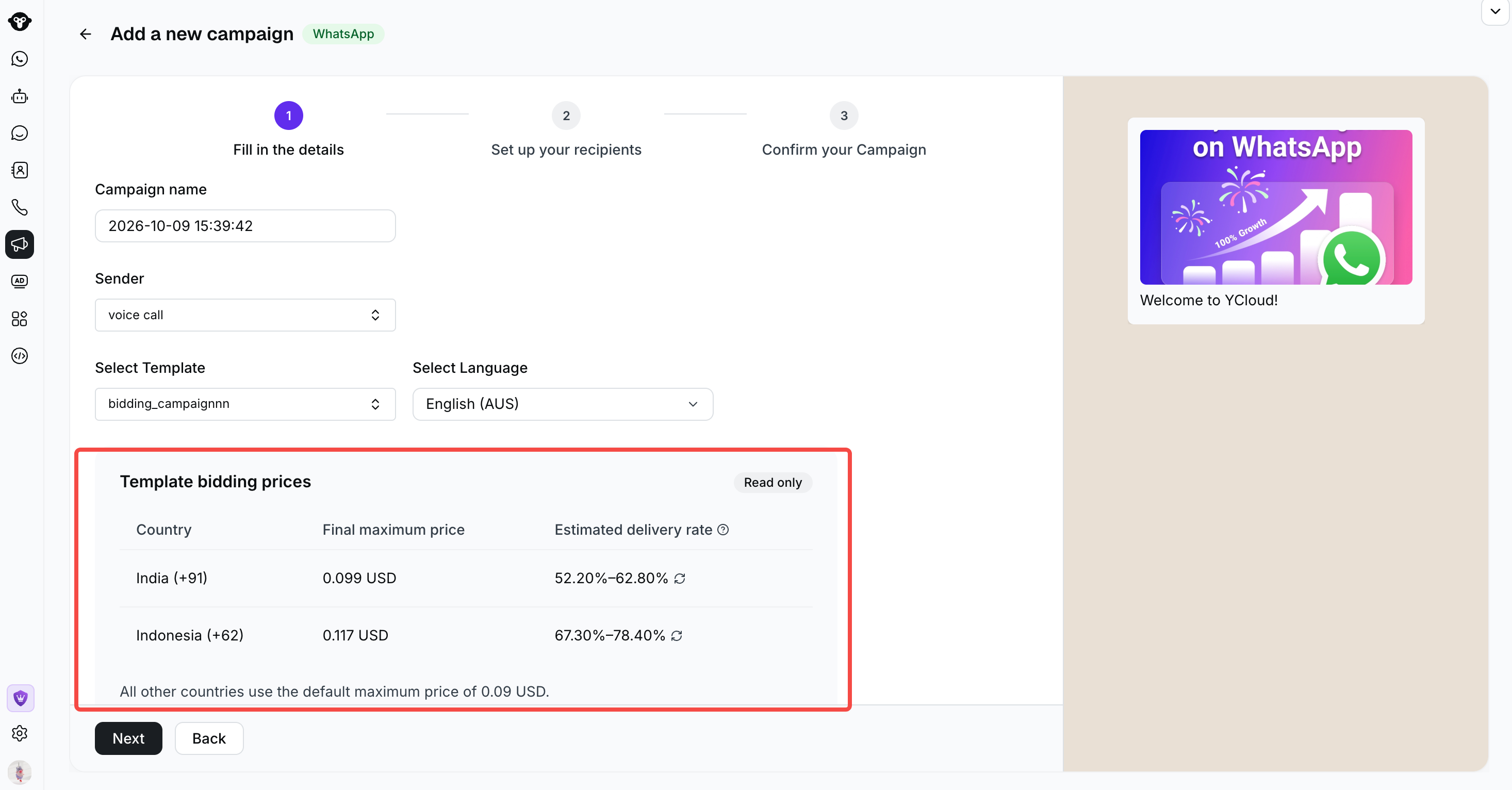 YCloud Bulk Campaign showing read-only template bidding prices, final maximum prices by country, and estimated delivery rates.