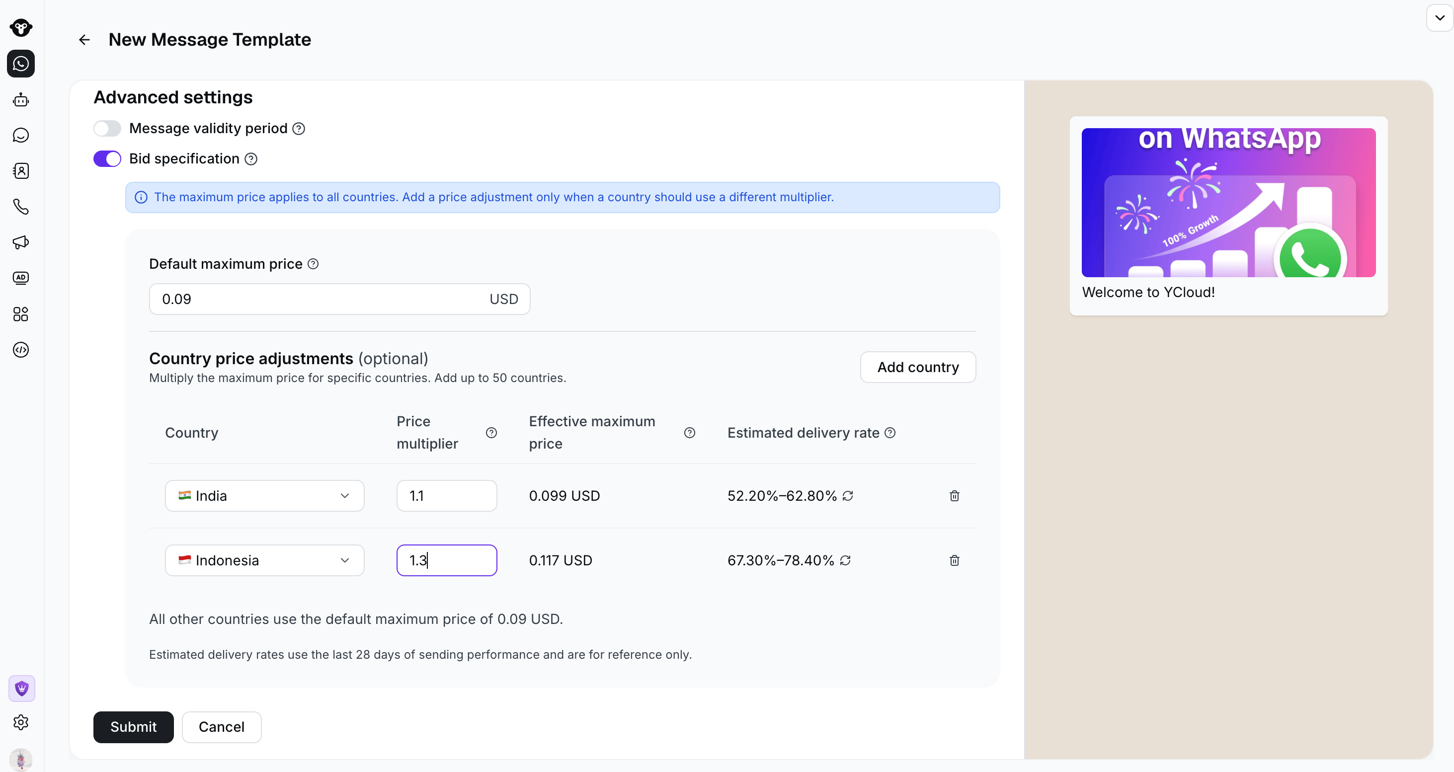 YCloud template advanced settings with Bid specification enabled, a default maximum price, country multipliers, effective maximum prices, and estimated delivery rates.