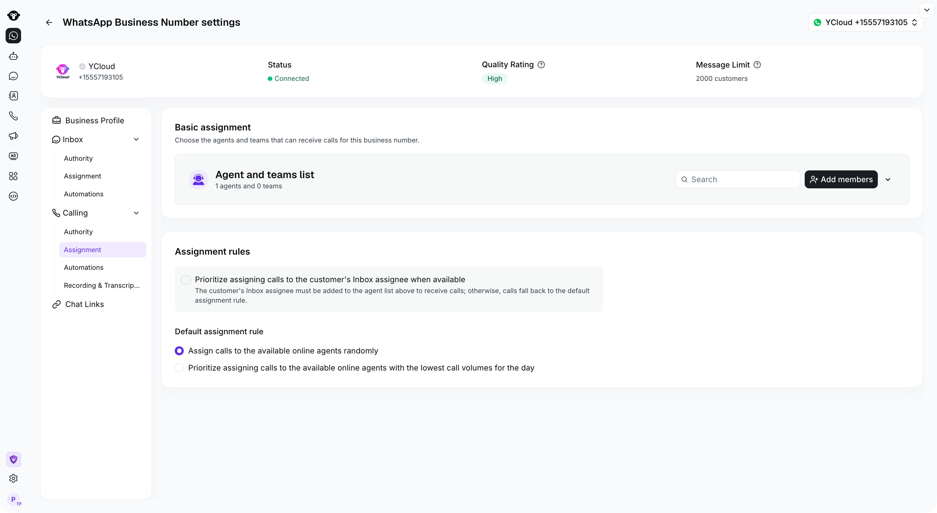 Inbound call assignment with random and lowest daily call volume options