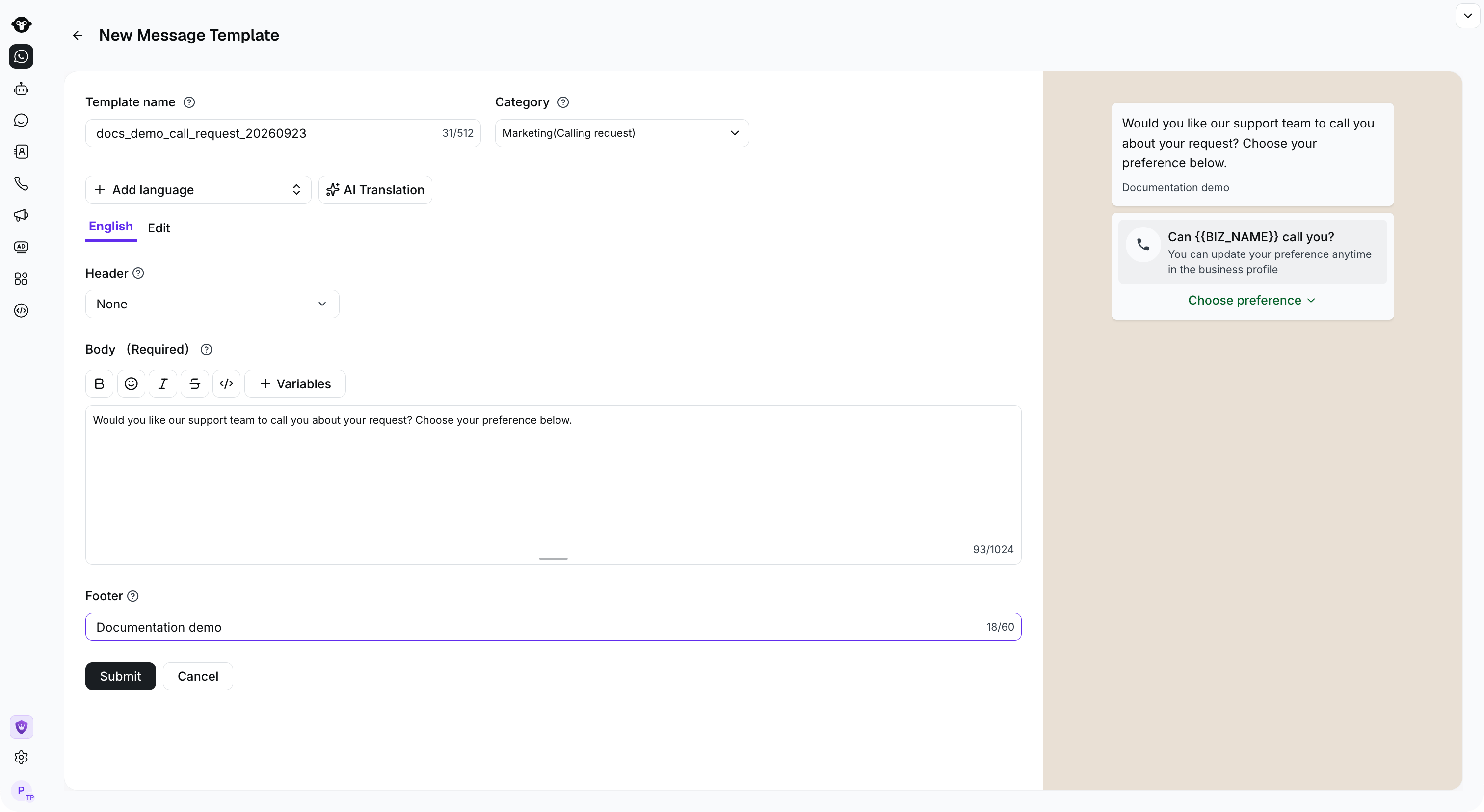 Calling request template editor and customer preference preview