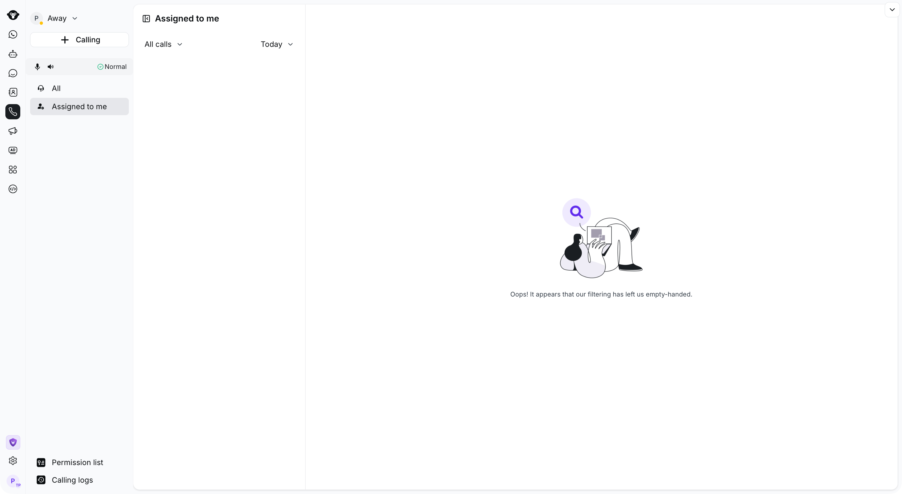 Full Calling workspace with the + Calling entry point and no matching calls in the demo account.
