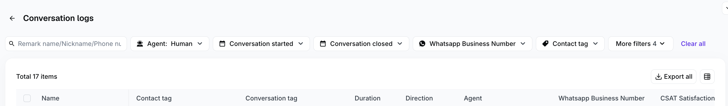 Busca nos registros de conversas, filtros, ação de exportação e títulos das colunas