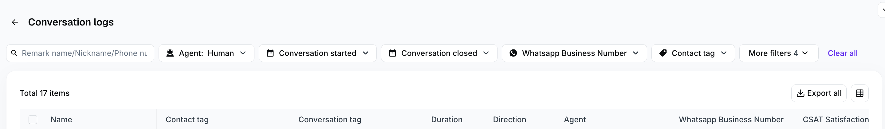 Búsqueda de registros de conversaciones, filtros, acción de exportación y encabezados de columna