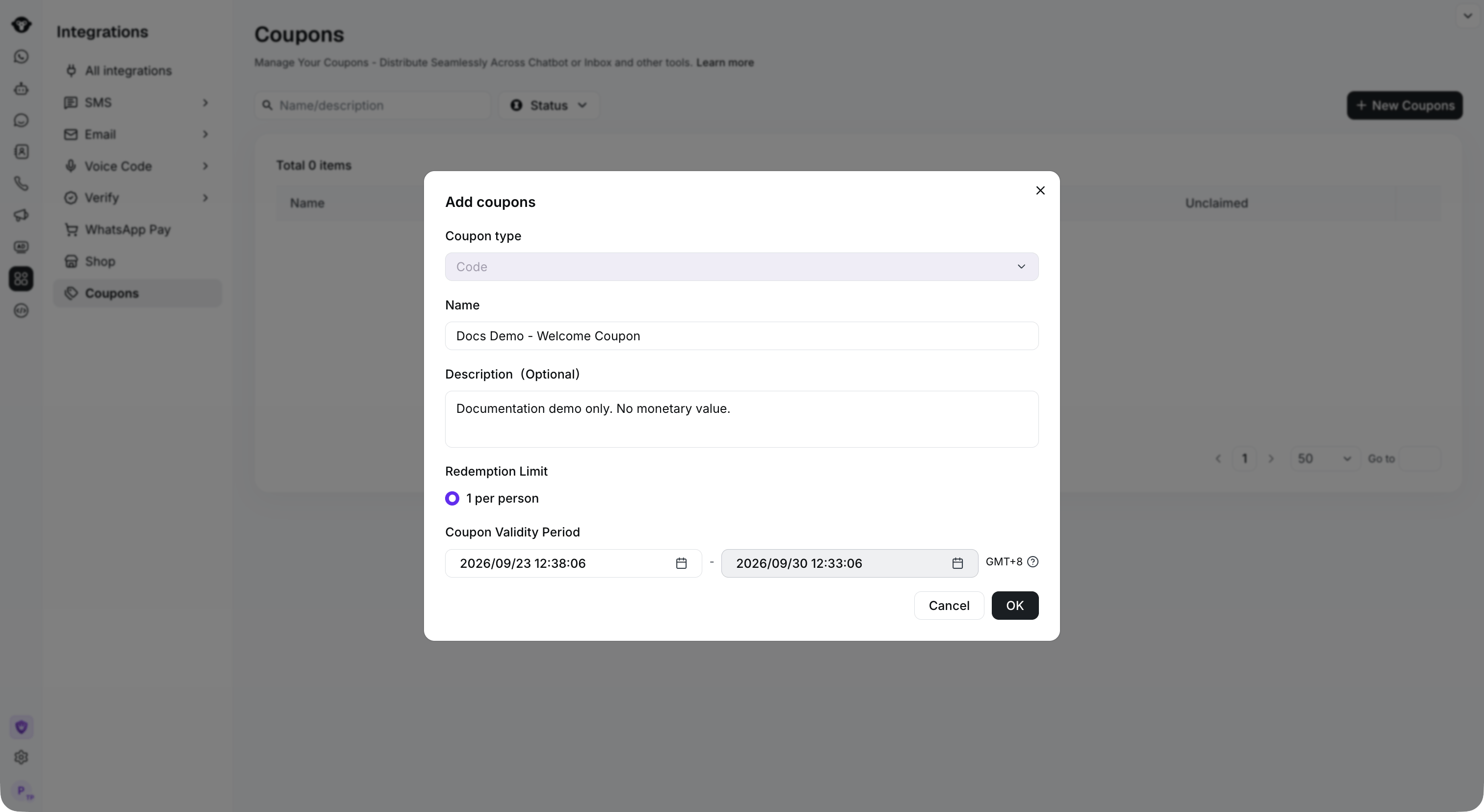 Coupon campaign creation with name, validity and redemption limit