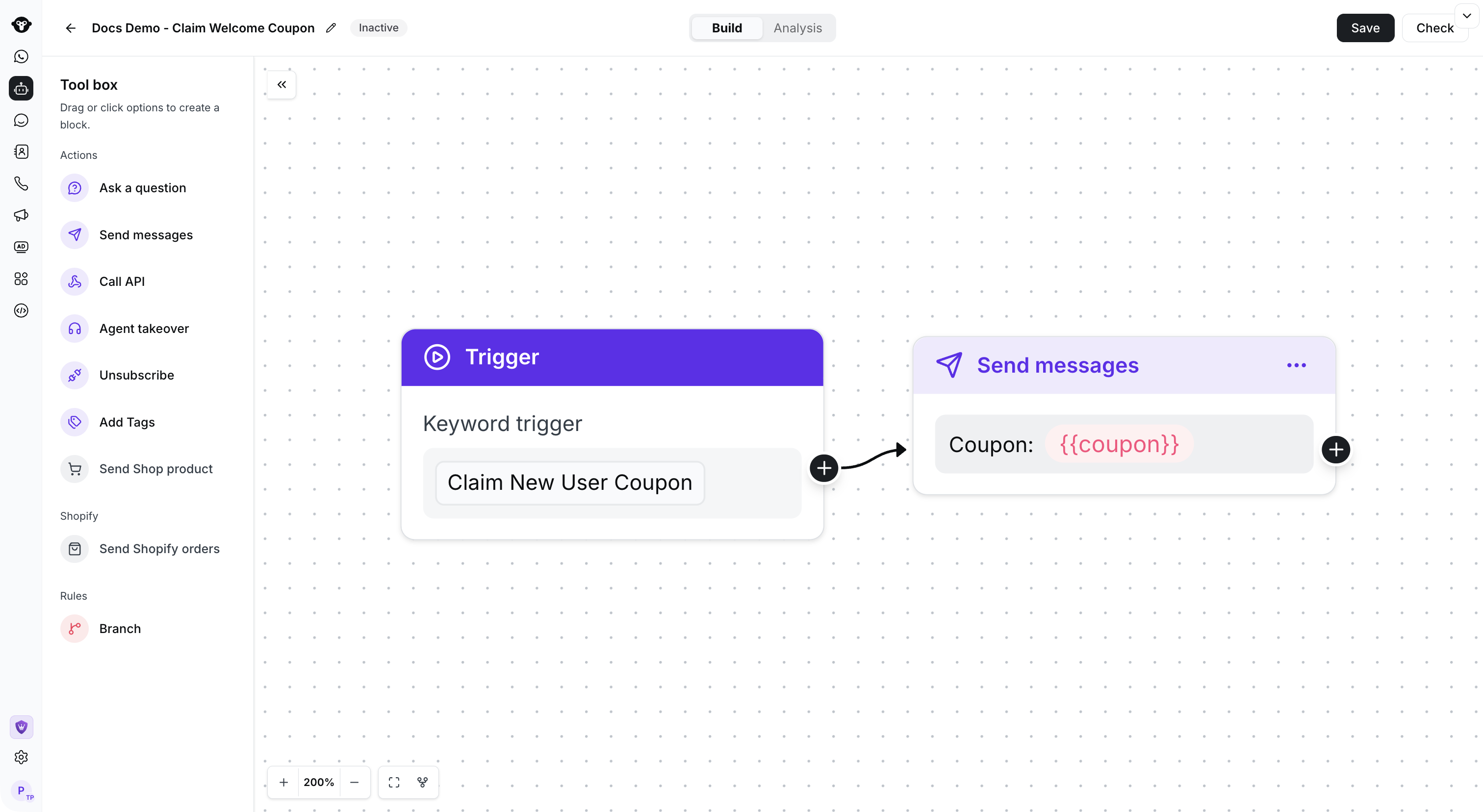 Неактивный сценарий Rule-based Flow, связывающий ключевое слово получения с ответом с купоном