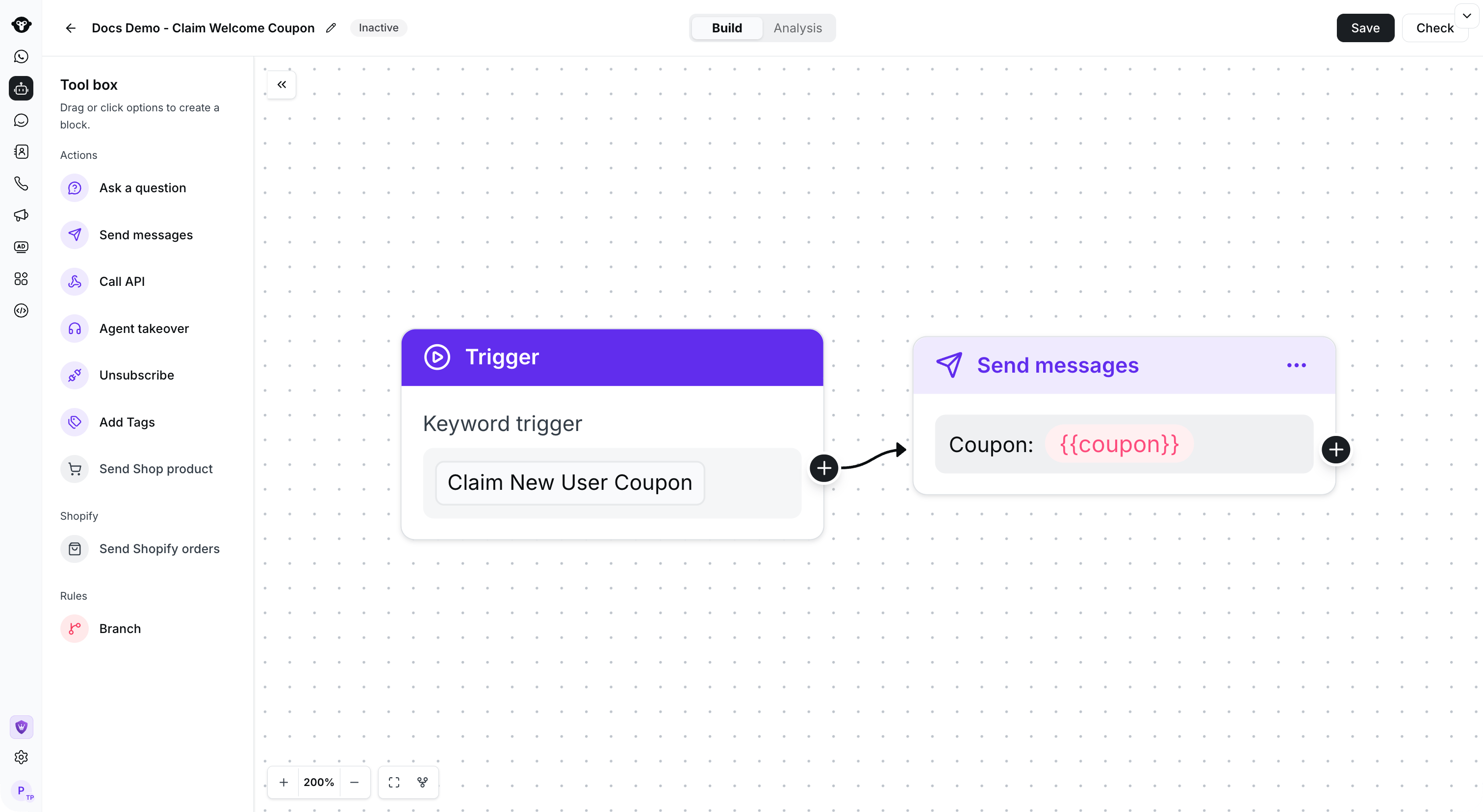Inactive rule-based flow connecting a claim keyword to a coupon reply