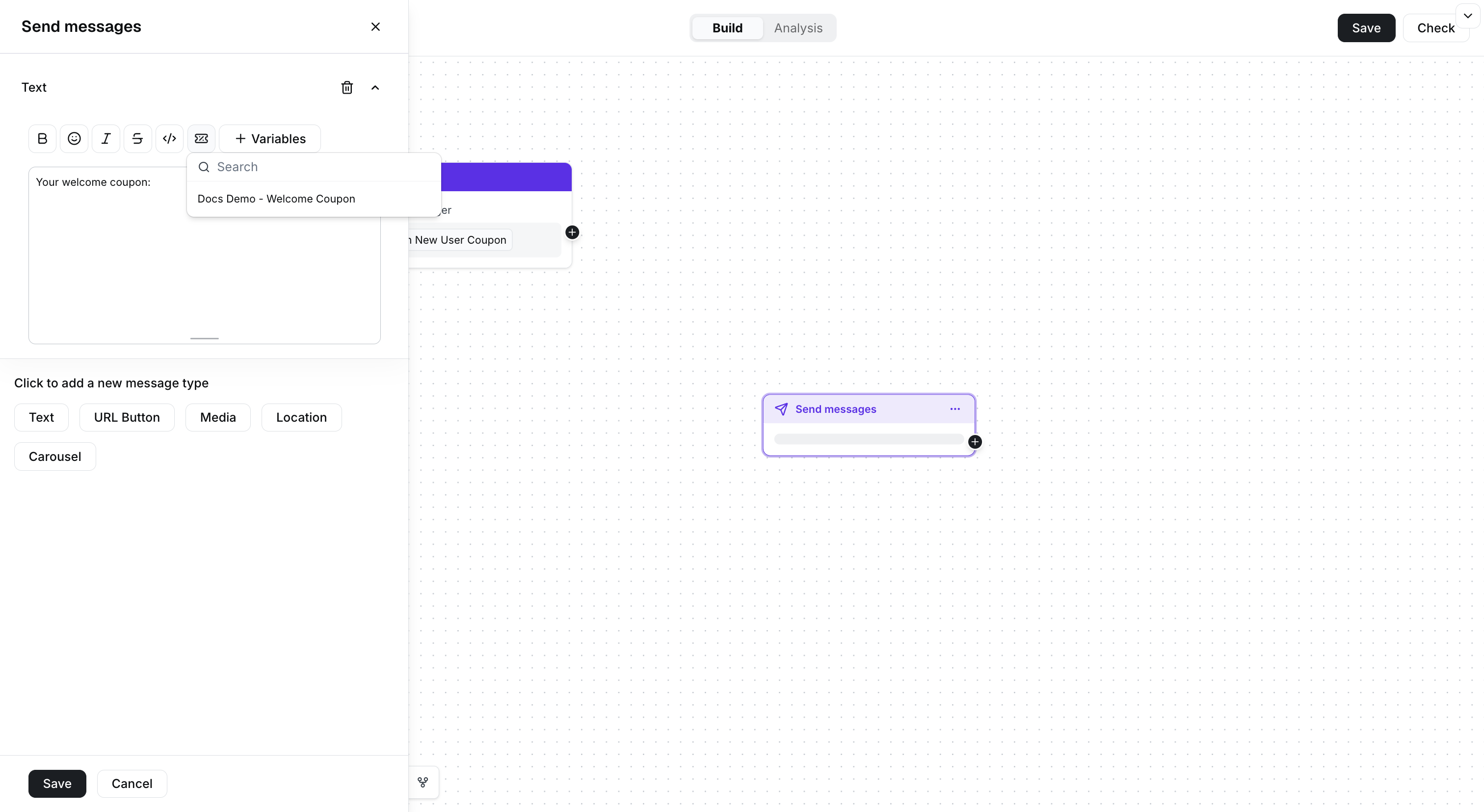 Окно выбора купона с отображением Docs Demo - Welcome Coupon