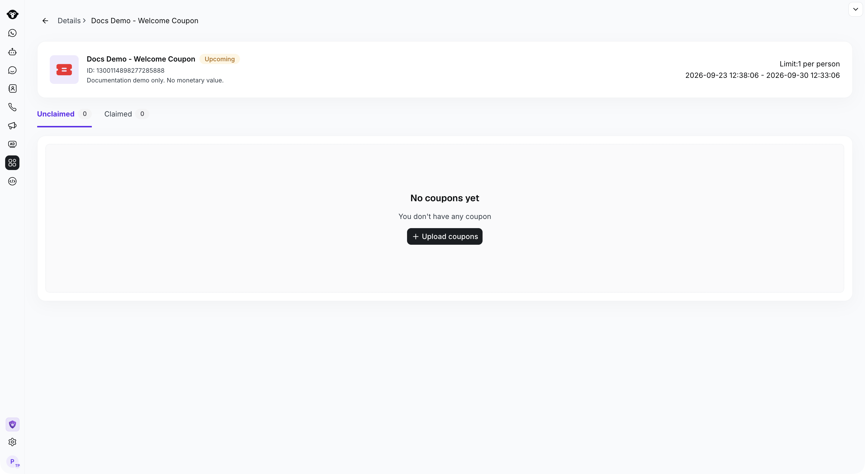 Сведения о новой кампании купонов с действием Upload coupons