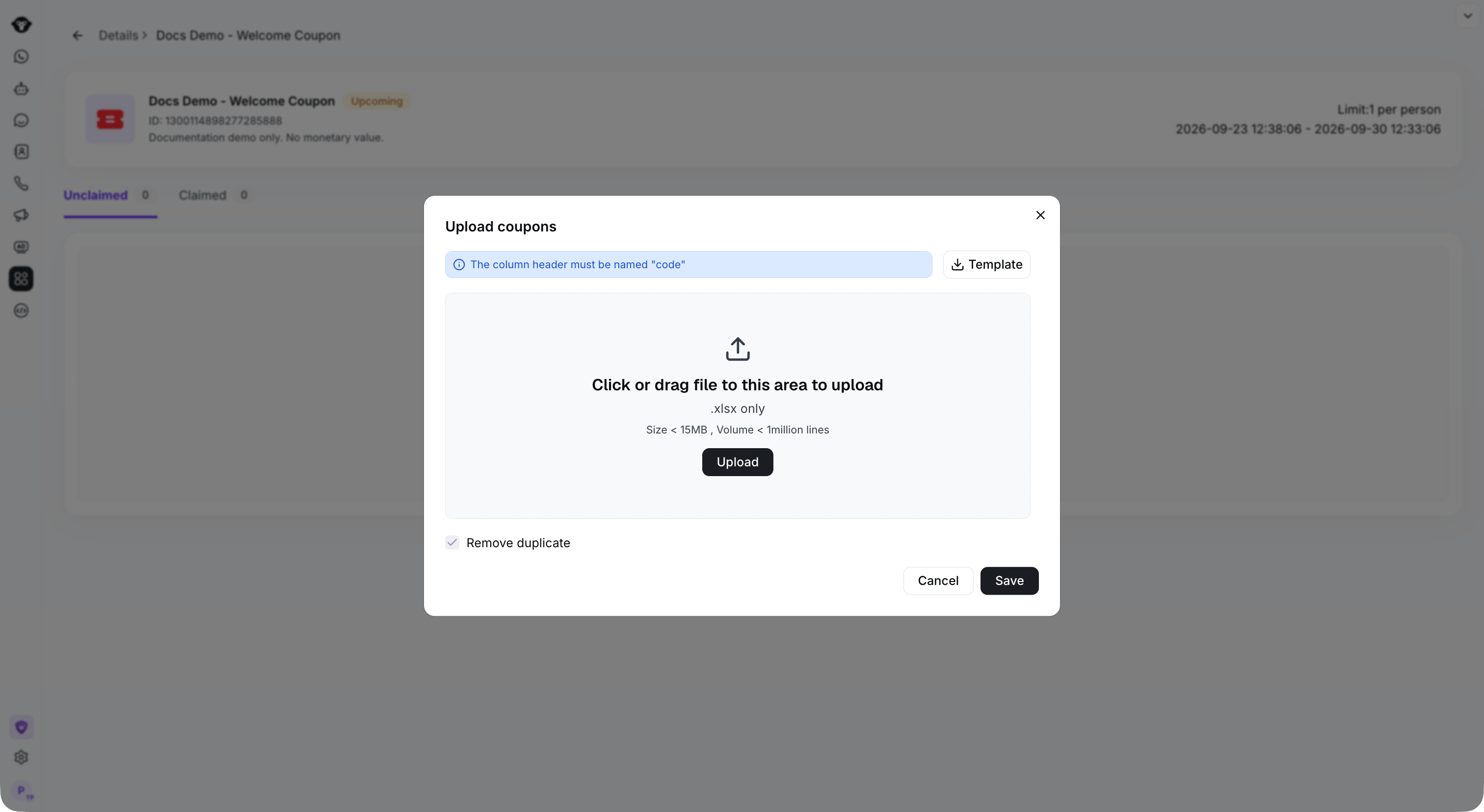 Coupon upload dialog with template download and code column requirement