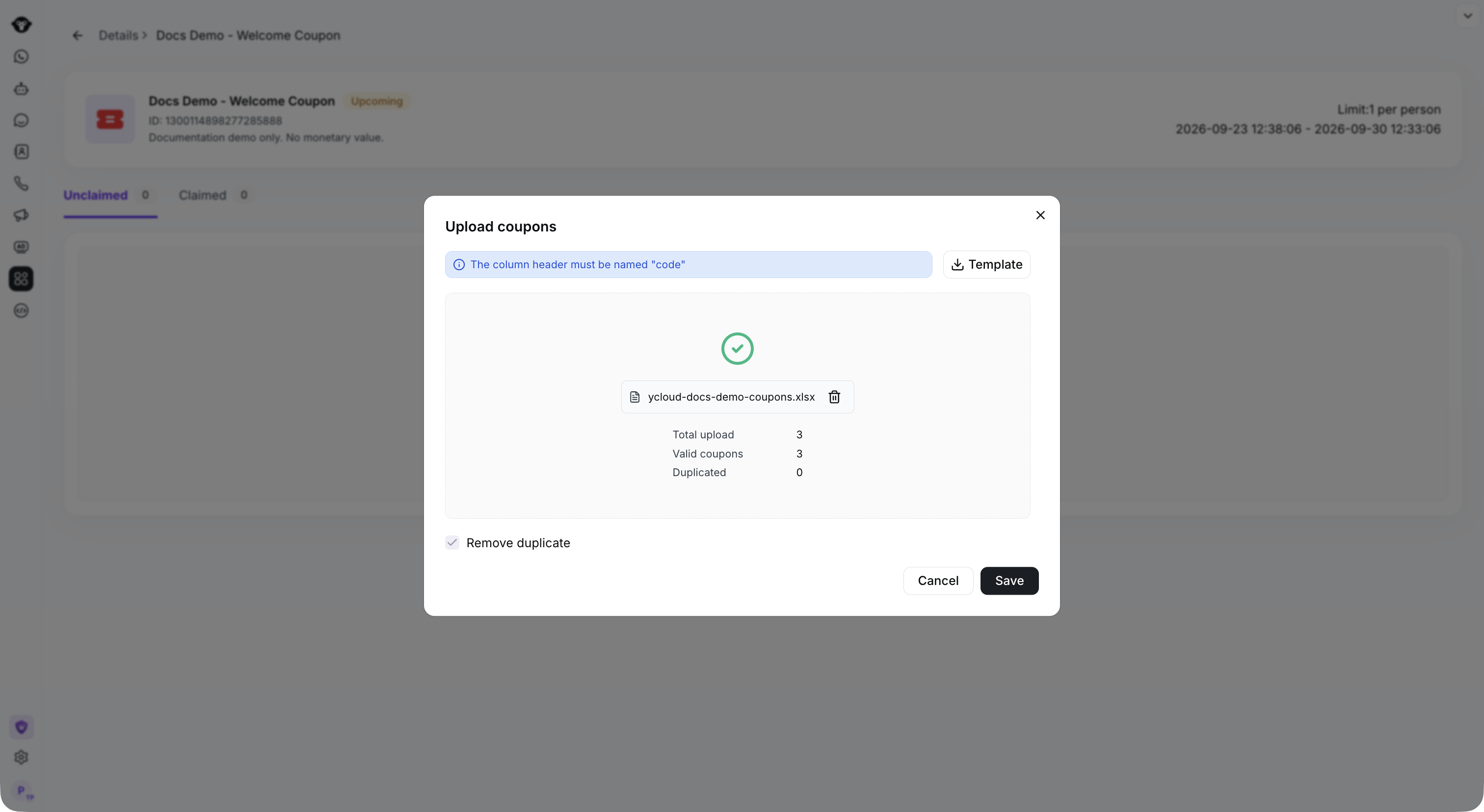 Три действительных промокода, обработанных из файла XLSX