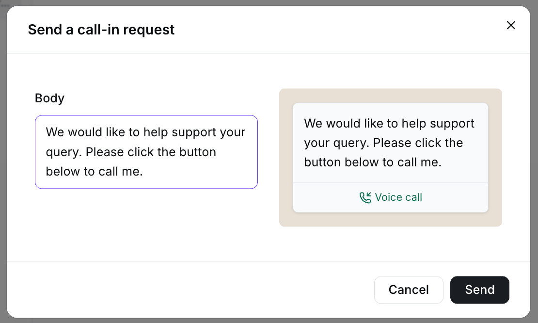 Unsent call-in request with body editor and Voice call button preview