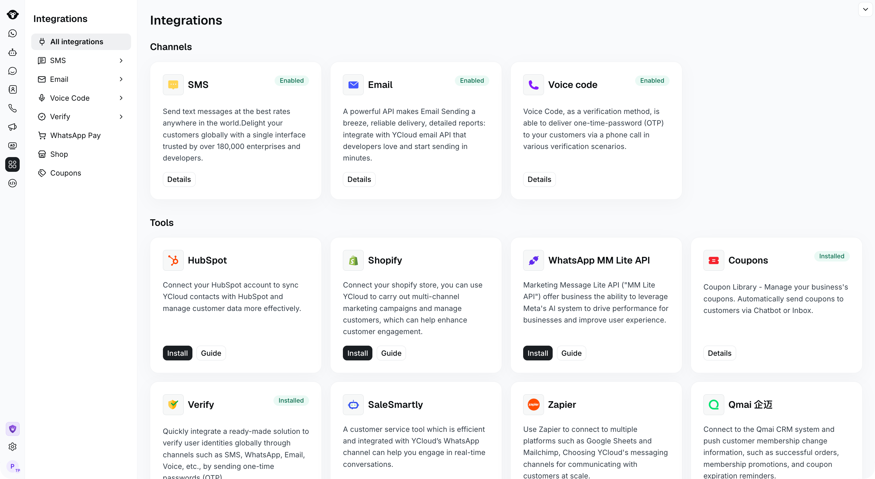 Email integration enabled in the YCloud integrations list