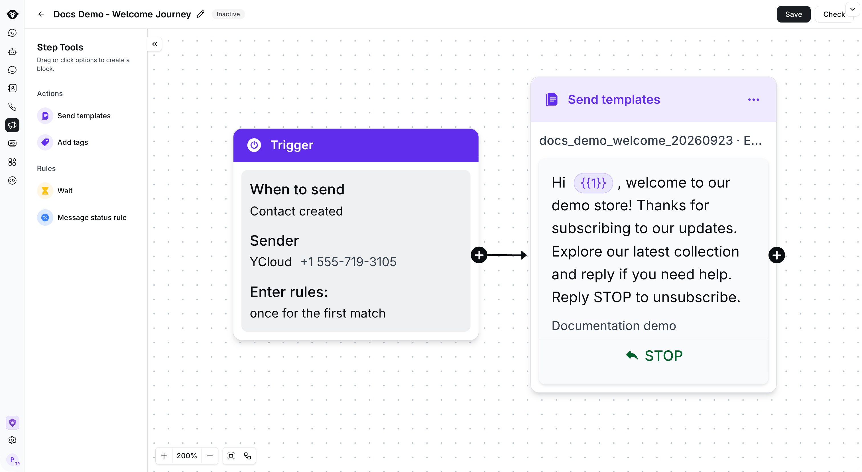 Saved inactive Journey with Contact created trigger connected to an English welcome template.